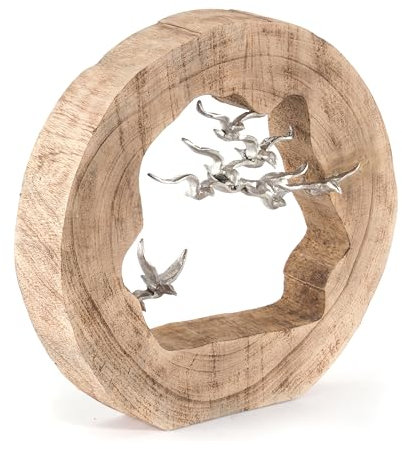 Design SKULPTUR Birds | 36cm, Mangoholz, Aluminium | Natur Dekofigur, Vogelschwarm Deko Statue, Aufsteller mit Vögeln, Deko Objekt Holz