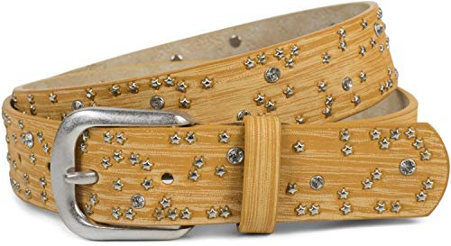 styleBREAKER ladeis' belt with star studs and rhinestones, brushstroke look finish, vintage stud belt, can be shortened 03010096, Colour:Mustard, size:100cm