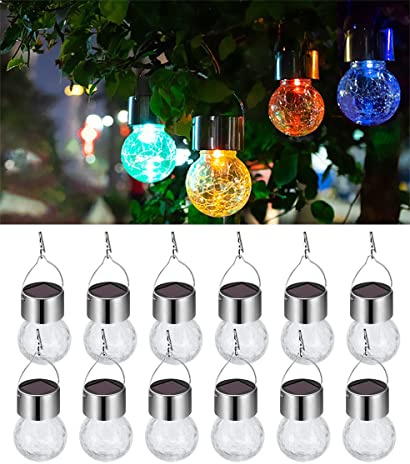 Lampe LED à énergie solaire à suspendre en forme de boule de verre craquelé, lanterne décorative d'extérieur étanche pour jardin, cour, terrasse, pelouse (coloré, 12)