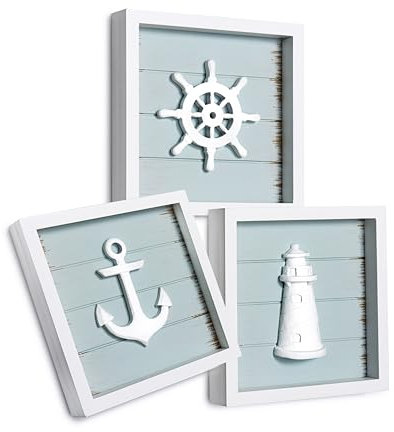 TideAndTales Nautical Wall Decor (7x7) with 3D Anchor, Lighthouse and Ship Wheel - Rustic Beach Bathroom Ocean Home Decorations - Coastal Theme Nautical Gifts - Framed Set of 3