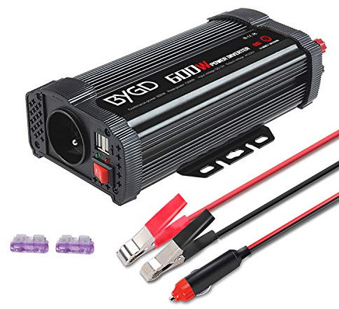 BYGD 600W Convertisseur 12v 220v, Convertisseur Allume Cigare Prise Electrique transformateur 12v 220v avec 1 Prise française et 2 Ports USB.