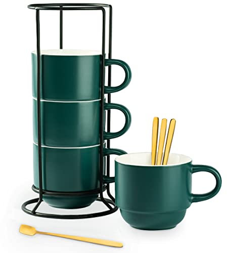 YHOSSEUN Stackable Coffee Mugs, Mug Set of 4 with Rack and Spoons, 11 OZ