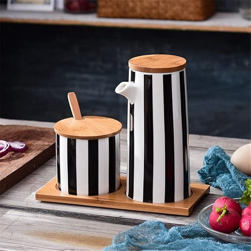 Crysdaralovebi Nordic Keramik schwarz und weiß gestreift Gewürzglas Set Salz Pfeffer Shaker Zuckerdose Öl Sojasauce Flasche Essig Topf Küchenwerkzeug (C)