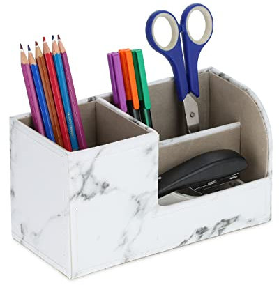 Relaxdays Schreibtisch Organizer, Stiftehalter mit 3 Fächern, Marmor-Optik, HBT: 11 x 20 x 9 cm, Büroorganizer, weiß