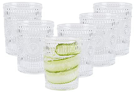 E&W Set of 6 Embossed Highball Drinking Glasses, Tumblers for Cocktails, Hot and Cold Drinks (Set of 6, 265ml)