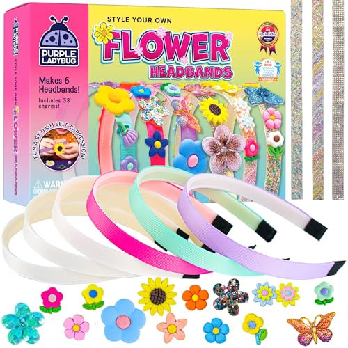 PURPLE LADYBUG DIY Blumen Haarreifen Kinder - Personalisierte Einschulung Mädchen Geschenk 7 8 9 10 11 12 - Haarschmuck Basteln Mädchen 6 Jahre - Geschenk 5 Jahre - Kreativ Bastelset Kinder 4 Jahre