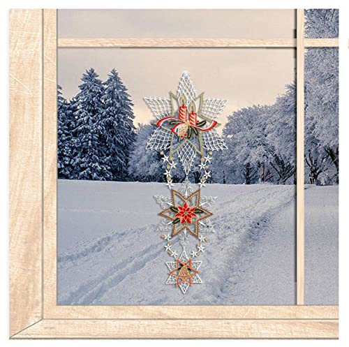 Hochwertiges Fensterbild Drei Sterne mit Kerze weihnachtliche Fensterdekoration aus echter Plauener Spitze 43 x 20 cm