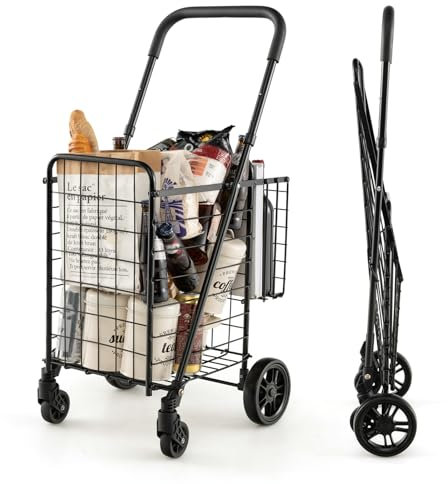 GYMAX Carro de la Compra Plegable de Metal, Carrito Compra Portátil con Doble Cesta 48 L+10 L, Soporta hasta 20 kg, 4 Ruedas, con Asa Ajustable de 89 a 95 cm (Negro)