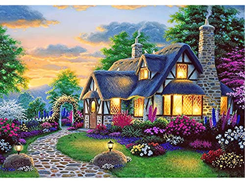 DCIDBEI 50x40CM Broderie Diamant Carré 5d Complet, Diamond Painting Paysage Jardin,Tableau Perle Diamant DIY Pour Enfants Adultes,Décor Murale d'intérieur Avec Outils-Maison de Campagne