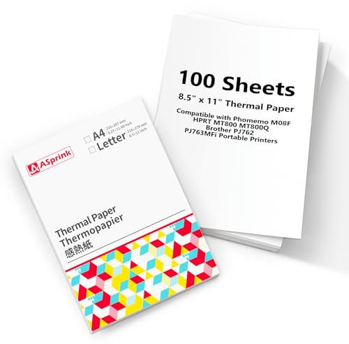 ASprink Thermopapier A4 - Kompatibel mit M08F/M832/M833/M834/M835 Drucker, Einzelblatt A4 Thermopapier, Papier A4 fur Tragbare Drucker (Diskontinuierliches DruckerPapier A4 & 200 Blatt)