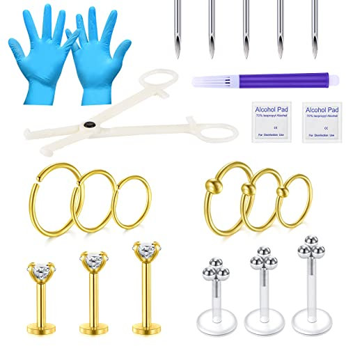 NIUSIMAN 22PCS Ear Piercing Kit,14G Piercing Needles Piercing Clamps with 16G Cartilage Earring Clear Labret Ring Tragus Helix Earring Stud Barbell Piercing Jewelry Gold Ear Lip Piercing Kit