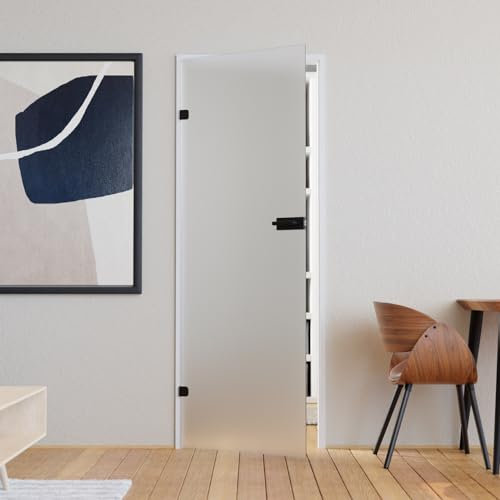Glastür Komplettset mit Beschlag 834 x 1972 mm Milchglas weiß - Glastüren aus ESG Glas 8mm satiniert - Innentür Glas mit Türgriff schwarz matt abgerundet unverschließbar DIN links