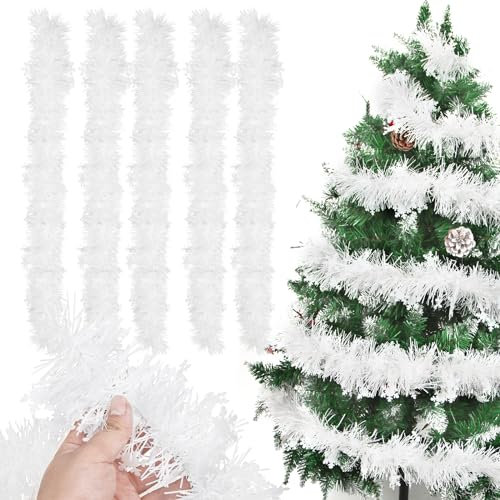 Weihnachtsgirlanden Weiß, 5pcs Lametta Girlande Schneeflocken, 2m Lametta Weihnachtsbaum, Lametta Girlande Weihnachten, Weihnachtsdeko Lametta für Weihnachtsbaum, Weihnachtsfeier Deko