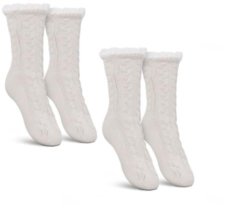 Bestlivings Haussocken Damen mit Teddyfutter - Hüttensocken mit Anti-Rutsch-Sohle - ABS Norweger Socken Zopfmuster - Kuschelsocken Einheitsgröße Stopper (Weiß (2 Paar))