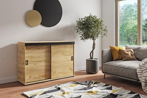 KIER FURNITURE Sideboard Mit Schiebetür – Wohnzimmerschrank – Schrank Wohnzimmer – Sideboard Wohnzimmer Schmal – Kommode Flur – Farbe Craft Eiche Gold – 140x45x94cm