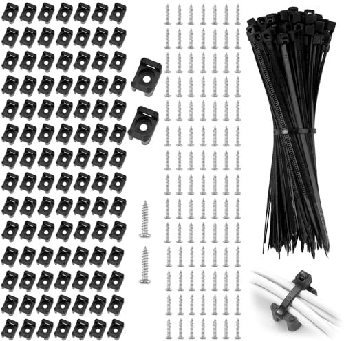 100 Juego bridas para cables de Pared con Soporte para bridas y Tornillos,abrazaderas plastico Nylon bridas negras,Pequeño 10cm sujeta cables pared,bridas de cable management Sujetador Organizador