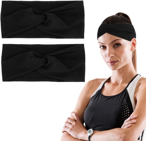 2 Stück Yoga Sport Stirnband Schwarz Stirnbänder Damen Elastisch Haarbänder Stretch Modisches Stirnband Weicher Stoff Gedreht Breites Haarband Süßes Dickes Bandana für Damen Mädchen