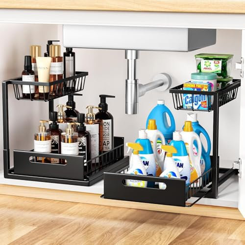 Cocolemon Organizador Bajo Fregadero Cocina, 2 Paquete Metal Organizador Extraíble Estante Almacenamiento Debajo Fregadero Forma de L, Negro