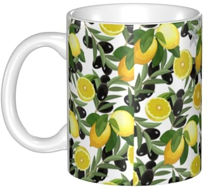 Tasse, Keramiktasse, Kaffeetasse, Teetasse, geeignet für Küche, Restaurant, Büro, 330 ml,Zitrone und Olive