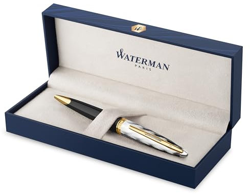 Waterman Carene Kugelschreiber | Metall und schwarzer Lack mit goldenen Zierteilen, ziselisierte Kappe | mittlere Spitze | Geschenkbox