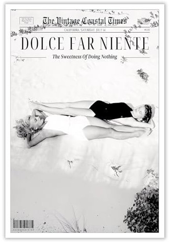 Generic Dolce Far Niente Zeitungsschlagzeilen-Poster, Retro, schwarz-weiß, Zeitungswandkunst, Sommermagazin, Cover, La Dolce Vita, Drucke für Zuhause, Schlafzimmer, Wohnheim, Wanddekoration, 30,5 x