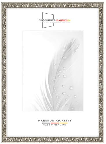 DR110 - Marco de fotos de madera maciza, estilo vintage, retro, 30 x 46 cm, en plata antigua, barroco, incluye cristal antirrotura, antirreflectante, marco para pósteres, puzles, collage de fotos