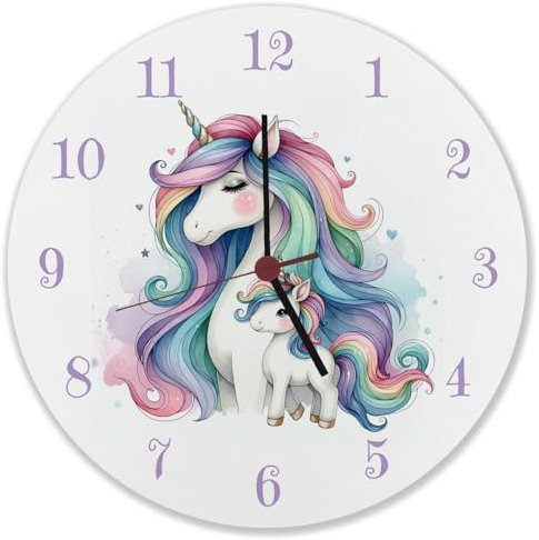 speecheese Einhorn-Mama mit Kind Wanduhr Kinderzimmer Einhorn-Mama und Baby-Fohlen Farbenfrohe Wanduhr für die ganze Familie liebevoll gestaltet mit bunter Mähne