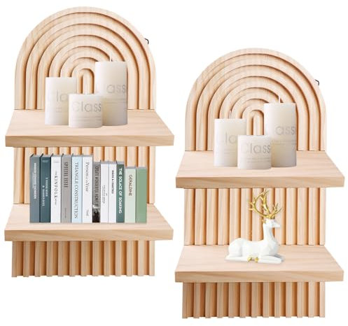 2 Set Wandregal Holz, Ohne Bohren, Doppelschichtig Boho Wanddeko, Kleine Regale Wandablagen für Wohnzimmer, Fotoregal, Tischdeko, Dresser Deko, Zimmer Deko Büro