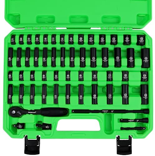 SWANLAKE 56-Piece 1/4 Drive Impact Socket Set, Standard SAE (5/32 to 9/16 inch) and Metric (4-15mm) Size, 6 Point, Cr-V, 1/4-Inch Drive Ratchet Handle, Drive Extension Bar, Impact Universal Joint