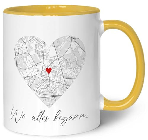 GRAVURZEILE Bedruckte Tasse mit dem Motiv - Wo alles begann - Mit deinem Wunschort - Ideal als Hochzeitsgeschenk - Personalisierte Geschenke für Frauen - Geschenk zum Jahrestag - Gelb
