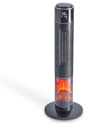 TOM Turm Keramik Heizlüfter mit Kamineffekt, Timer, Oszillation, Thermostat, Fernbedienung – 1000W / 2000W – Stromsparend – mobile leise Heizung für Wohnzimmer, Badezimmer, Wohnwagen & Co.
