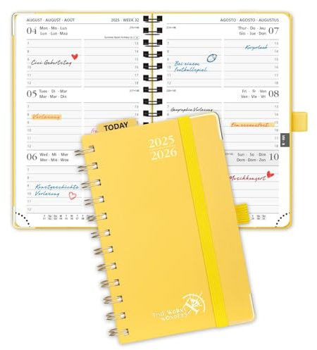 POPRUN Taschenkalender 2025 2026 Klein Ringbuch mit Hardcover, ca. A6 (16 x 10,5 cm) - Kalender 2025 2026 Klein (Aug.2025-Dez.2026) - Wochenplaner mit Vergoldete Schutzecken - Hellgelb
