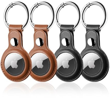LETREEN 4er Pack Kompatibel mit Apple AirTag Anhänger, Leder Airtag Hülle mit Schlüsselanhänger (Schwarz/Braun)