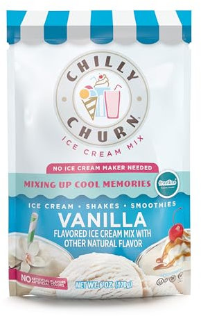 Chilly Churn Vanilla Flavored Ice Cream, Shakes, Smoothies Mix By Frostline Brand, Use with Ice Cream Machine, Countertop Creamer, Blender, And More, Gluten Free, Kosher, Makes 1.5 Quarts, 6 oz Pouch
