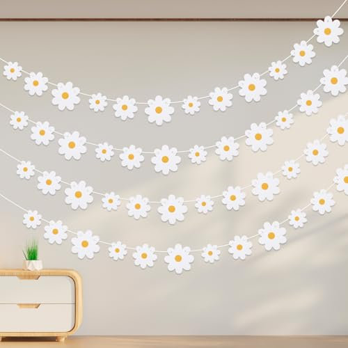 Ouligay 4 Stück Gänseblümchen Banner Geburtstag Deko, Gänseblümchengirlande Blumen Gänseblümchen, Weiß Boho Blume Papier Girlande Daisy Garland Für Mädchen Geburtstagsdeko Party Zubehör
