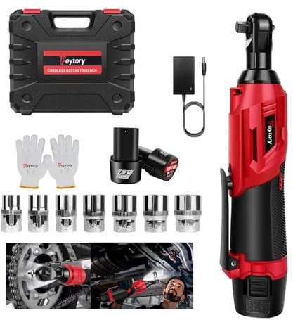 Xinng Kit de Clé à Cliquet électrique Sans Fil 12V 3/8 avec 2 Batteries de 1500mAh, Chargeur, 7 Douilles, Gants,rouge