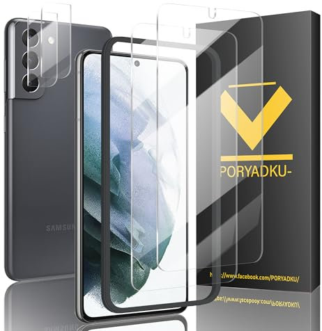 Protection D'écran pour Samsung Galaxy S21 5G 6,2 Pouces, Verre Trempé 2 Pièces + Caméra Protecteur 2 Pièces, Avec Cadre d'Installation 1 Pièces, Anti-empreintes digitales, 9H Dureté, Sans Bulle