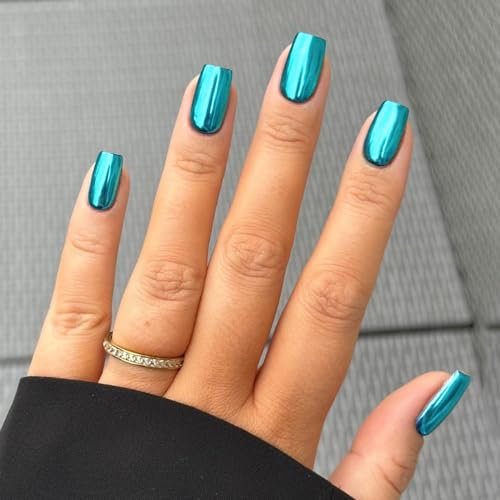 KQueenest Chrome Teal Blue Press on Nails Short Medium Square Glitter Metallic False Nails Medium Coffin, Luxury Design Acrylic Fake Nails Set with Bling Mirror Effect Stick on Nail for Women 24 Pcs