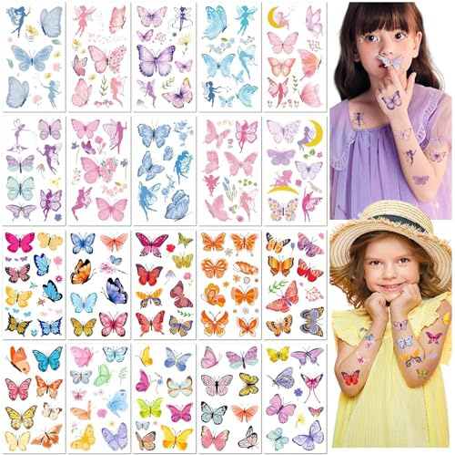 20 Feuilles Autocollants Tatouage Papillon Résistants à l'Eau Colorés Tatouages Temporaires pour Enfants Filles Cartoon Aquarelle Faux Tatouages Sûrs et Amusants