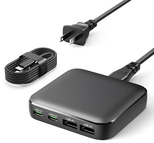 FUDCOCWN 65W GaN USB C Fast Charger, 4-Port PD Wall Charger with USB-C1 (65W), USB-C2 (20W), 2 USB-A Ports, Compact Charger Block Compatible with MacBook, Phone, iPad, Samsung, USB C Laptops and More