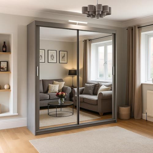 ALASKA Sliding Mirror Wardrobe, 2-3 Doors, Multiple Sizes & 6 Colours Available 120/150cm/180cm/203cm/250cm White-Black-Grey-Walnut-Wenge-Oak (Grey, 120cm)