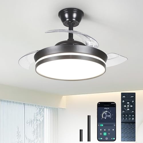 Depuley Ventiladores de techo retráctiles con luces: Ventilador de techo moderno tipo lámpara de araña de 36 pulgadas con mando a distancia - Ventilador inteligente negro regulable para dormitorio