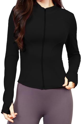 spocyclife Damen Sportjacke Langarm Gym Tops Yoga Fitness Shirt Atmungsaktive Laufjacke Leicht Trainingsjacke Reißverschluss und Daumenloch, Schwarz, M