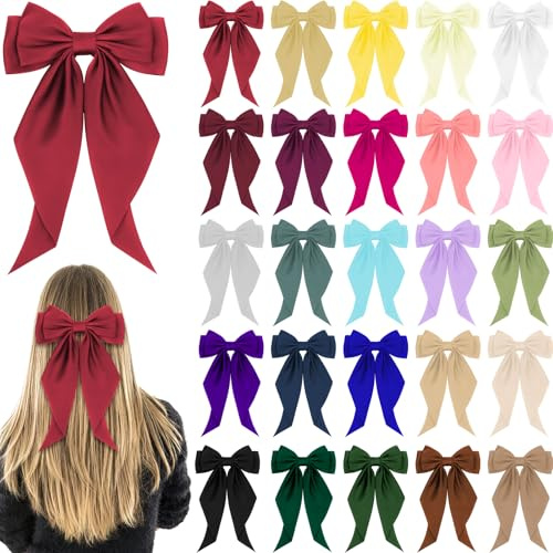 25 Pack Large Satin Hair Bows, Oversized Long Tail Hair Bow Clips | 25 Colours, 38 x 20 cm, Smooth Satin Finish, Secure Clips, Hair Bows for Women, Girls, Weddings, Parties and Gifts