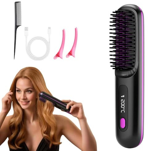 Brosse Lissante Portable Sans Fil, 2026 Nouveau Peigne Chauffant avec 3 Températures, Brosse Chauffante Cheveux Court, Mini Lisseur 20s Chauffage Rapide, Fer a Lisser Avec éCran LED (Noir)