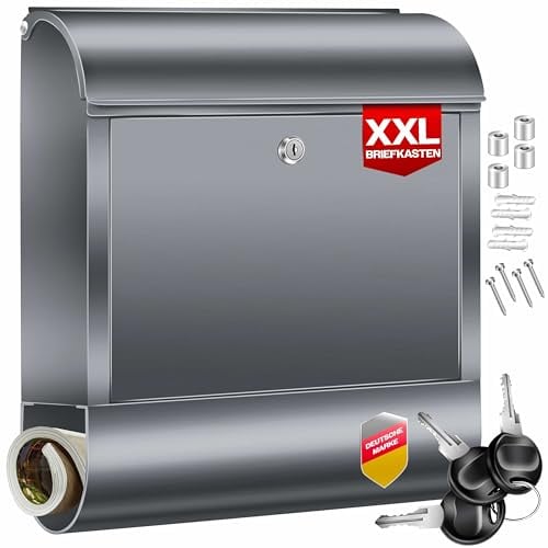 KESSER® Briefkasten XXL Edelstahl Anthrazit, Wandbriefkasten mit Zeitungsfach abschließbar mit 3 Schlüsseln wetterfester Postkasten, pulverbeschichtet moderner Briefkasten für Wandmontage + Montageset