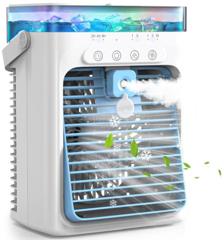 Climatiseur Mobile 4 en 1, Mini Climatiseur Portable sans Évacuation, Ventilateur Climatiseur USB, 3 Vitesses, 2 Modes Brumisation, Réservoir 1000ML, Minuterie 2/4/8H, Silencieux pour Chambre Voiture