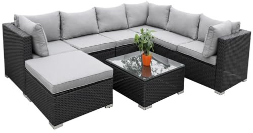 Hansson Polyrattan Lounge Sitzgruppe Gartenmöbel Garnitur Poly Rattan 3 bis 7 Sitzplätze Plus Hocker (6 Sitzplätze + 1 Hocker (Variant B))