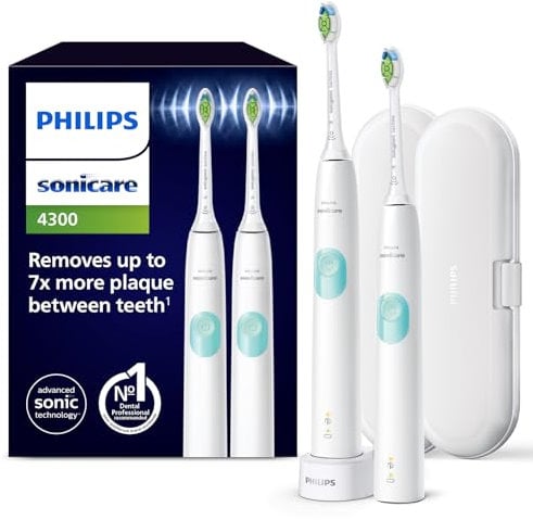 Philips Sonicare ProtectiveClean 4300 elektrische Zahnbürste, Schallzahnbürste mit zwei Intensitätsstufen, Drucksensor und Timer, Weiß, 2er-Pack, Modell HX6807/35