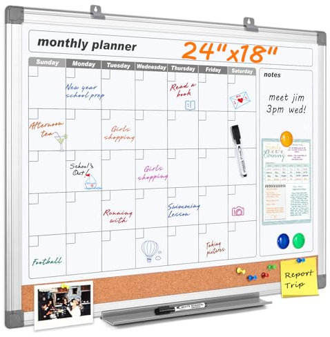 MAKELLO Magnetisches Whiteboard Monatsplaner 60x45cm, Magnettafel Kalender mit Pinnwand, Wochenplaner Abwischbar zum Aufhängen, Wand, für Büro, Familie, Küche und Schlafzimmer